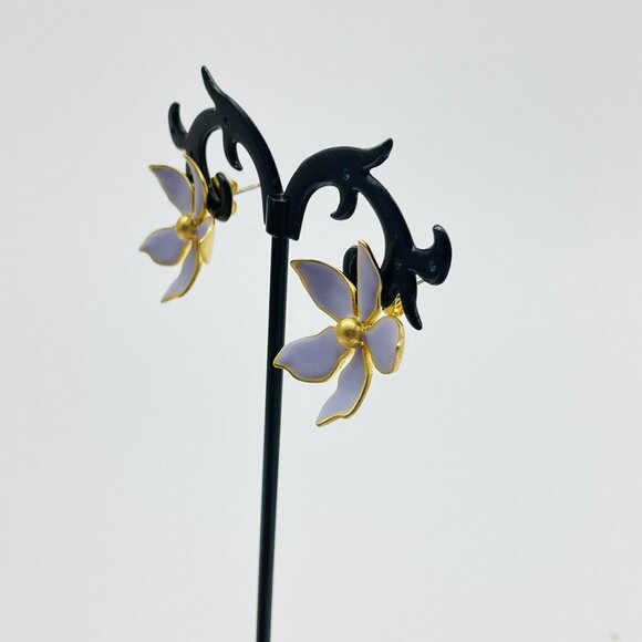 Lilac Flower Earrings Pierced Gold Tone Purple Enamel Blossom Dainty Bloom - Picture 5 of 6